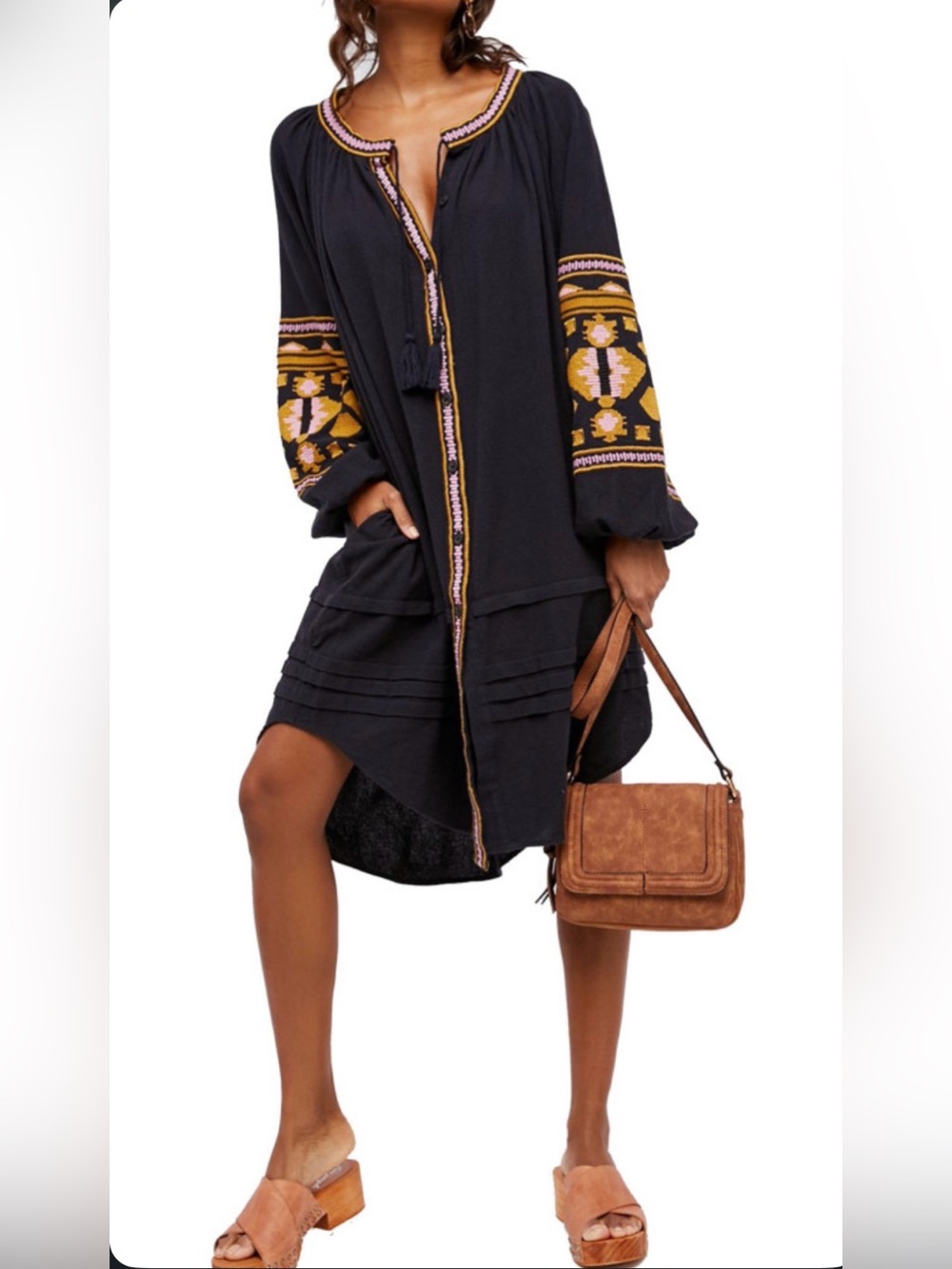 Bohemian Navy Embroidered Long-Sleeve Tunic Dress